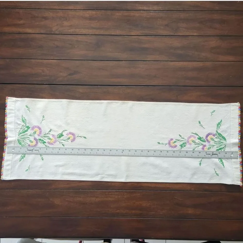 Vintage Floral Table Topper 36 x 12 Rectangle White w/ Multi-color‎ Trim Cotton